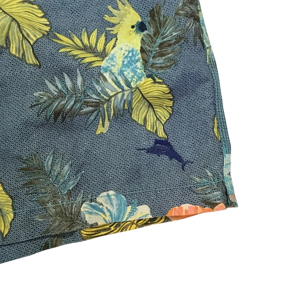 Tommy Bahama Mens XL Tropical Bird Floral Swim Trunks Blue Hibiscus Board Shorts
